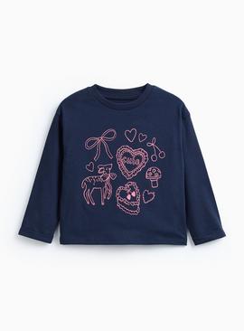 Navy Cute Illustrations Print Long Sleeve T-Shirt