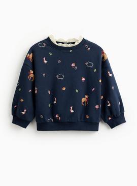 Navy Forest Print Lace Trim Sweatshirt