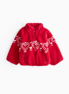 Red Fairisle Hearts Quarter Zip Borg Fleece