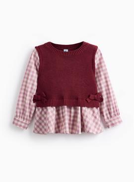 Burgundy Gingham Blouse & Knitted Tank