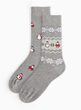 Christmas Penguin Grey Ankle Socks 2 Pack