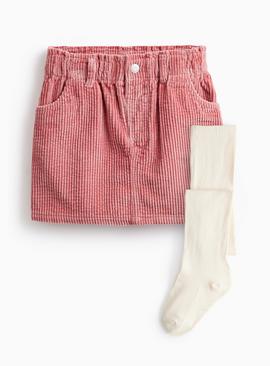 Pink Corduroy Skirt & Cream Knitted Tights Set