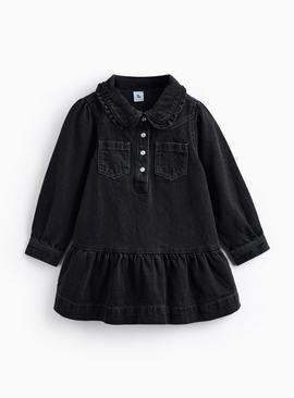 Black Denim Collared Peplum Hem Dress