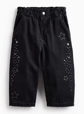 Black Denim Barrel Leg Embellished Jeans