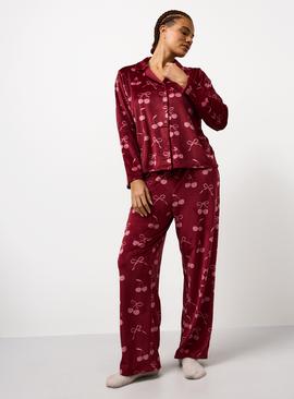 Plum Cherry Printed Slinky Fleece Pyjamas