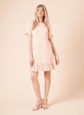 DOROTHY PERKINS Coral Animal Short Sleeve Frill Hem Mini Dress