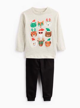 Christmas Faces Printed T-Shirt & Black Joggers Set