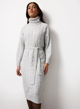 Grey Cable Knitted Belted Dress