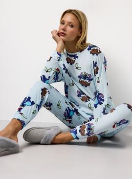 Christmas Disney Stitch Printed Blue Slinky Fleece Pyjamas