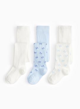 Blue & White Bow Print Tights 3 Pack