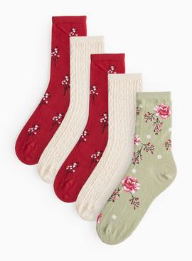 Floral & Textured Cable Ankle Socks 5 Pack 4-8