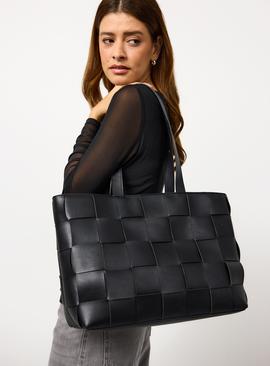 Black Faux Leather Weave Detail Shopper Bag One Size