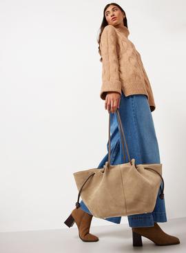 Neutral Suede Leather Pleated Shopper One Size
