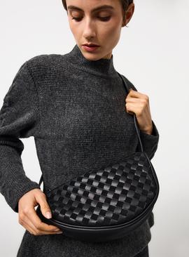 Black PU Woven Half Moon Crossbody Bag One Size