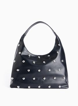 Black Faux Leather Studded Slouch Shoulder Bag One Size