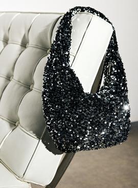 Gunmetal Sequin Embellished Shoulder Bag  One Size