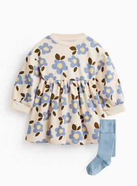 Cream Floral Sweat Dress & Tights Set