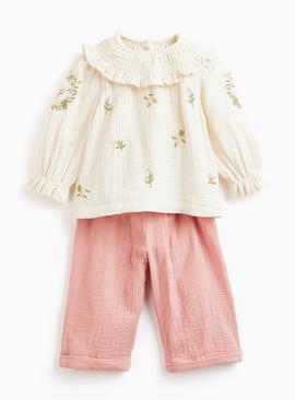 Embroidered Floral Top & Bottoms Set