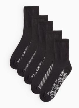 Black Floral Print Footbed Ankle Socks 5 Pack 4-8