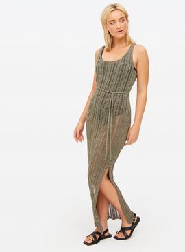 Khaki Shimmer Pointelle Knit Maxi Dress