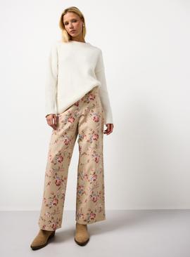 Cream Floral Printed Wide Leg Co-ord Denim Jeans