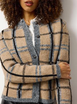 Brown Checked Brushed Button Cardigan