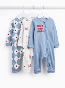 Valentine's Print Two-Way Zip Sleepsuits 3 Pack
