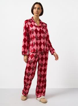 Pink Christmas Harlequin Cherry Printed Satin Pyjamas & Eye Mask