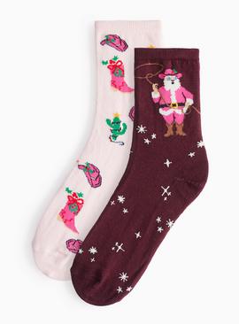 Christmas Cowgirl Printed Ankle Socks 2 Pack 4-8