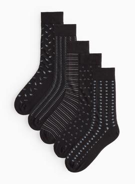Black Geometric Print Ankle Socks 5 Pack