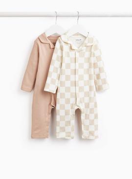 Beige & Checkerboard Print Romper 2 Pack