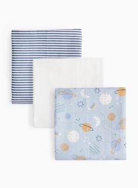 Space Printed Blue Muslin Cloths 3 Pack One Size