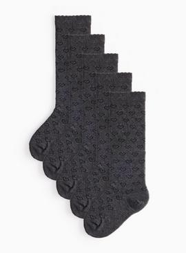 Grey Heart Print Knee High Socks 5 Pack