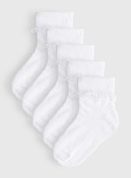 White Turn Over Top Organza Trim Ankle Socks 5 Pack