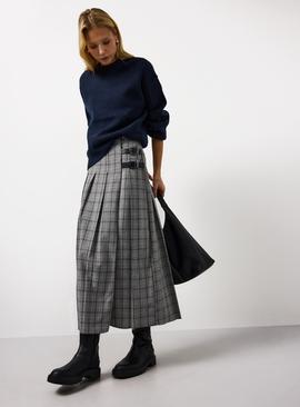 Grey Check Buckle Pleated Kilt Midaxi Skirt