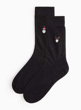 Christmas Embroidered Black Ankle Socks 2 Pack