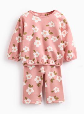 Pink & Cream Floral Print Knitted Jumper & Leggings Set