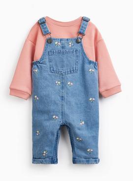 Denim Floral Print Dungarees & Bodysuit Set