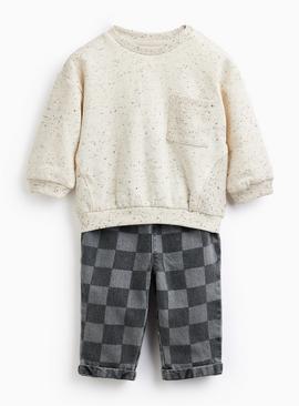 Cream & Chequered Sweat Set
