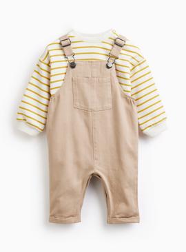 Brown Twill Dungaree & Bodysuit Set