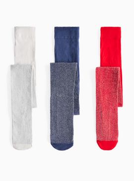 Red, Silver & Navy Glitter Opaque Tights 3 Pack 13-14 years