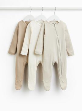 Natural Ribbed Two-Way Zip Sleepsuit 3 Pack