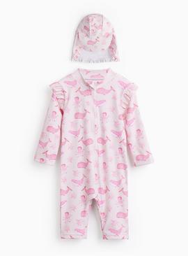 Pink Whale Printed Sunsafe Swimsuit & Keppi Hat