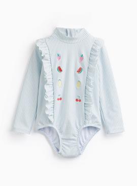 Blue Striped Textured Ruffle Swimsuit 3-6 months