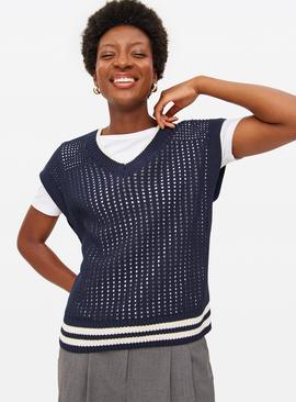 Navy Open Stitch V Neck Sleeveless Vest