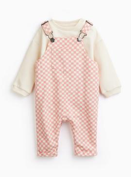 Pink Checkerboard Dungaree & Bodysuit Set