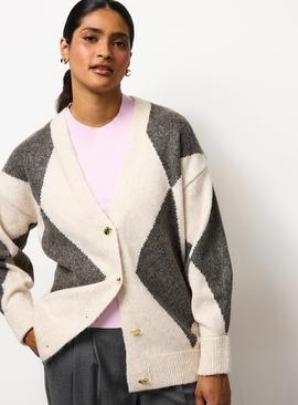Grey Argyle Oversized V-Neck Cardigan