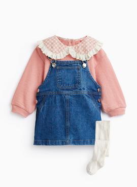 Pink Denim Pinafore 3-Piece Set