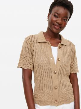 Beige Pointelle Collared Top