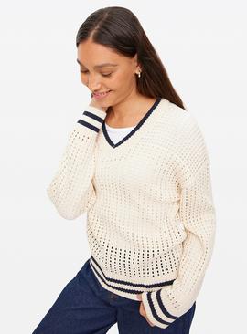 Cream Airtex V Neck Jumper